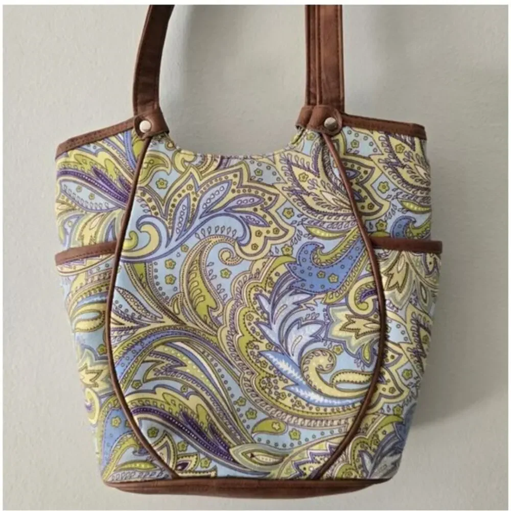 Longaberger Tote Blue Green Paisley Faux Leather Trim Handles EUC